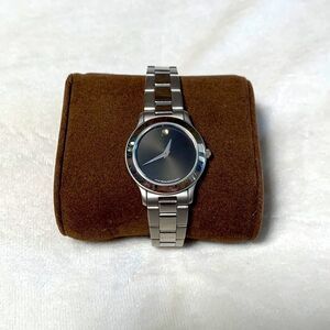 Movado Women's Black Dial Silver Stainless Bracelet Watch Swiss Quartz + Links